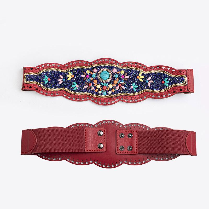 Boho Style Heavy Industry Turquoise Hollow Ethnic Style Pattern Elastic Ethnic Style Yunnan Travel Photo Elastic Tight Women's Waist Seal