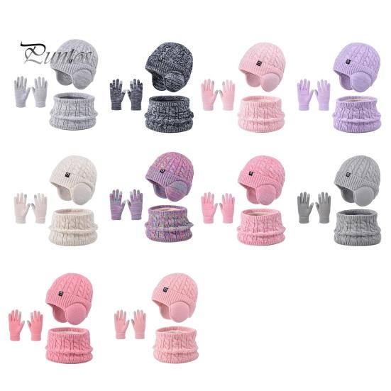 Girls Winter Warmth Set 3Pcs/Set Kids Hat Scarf Gloves Solid Color Twist Texture Fleece And Lining Earflap Touchscreen Neck Warmer Cold Weather