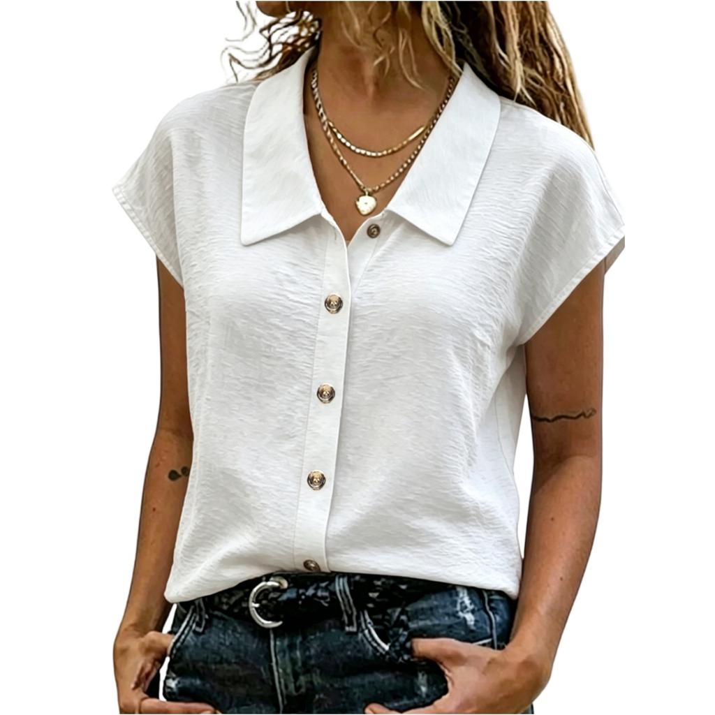 Womens Casual Short Sleeve Button Down Top Woven Fabric with Pointed Collar Relaxed Fit Lightweight Shirt for Everyday Wear