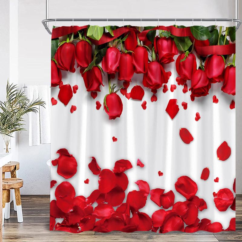 Valentine'S Day Shower Curtain Red Heart Rose Flowers Bicycle Petals Lovers Gift Fabric Home Bathroom Curtains Decor With Hooks