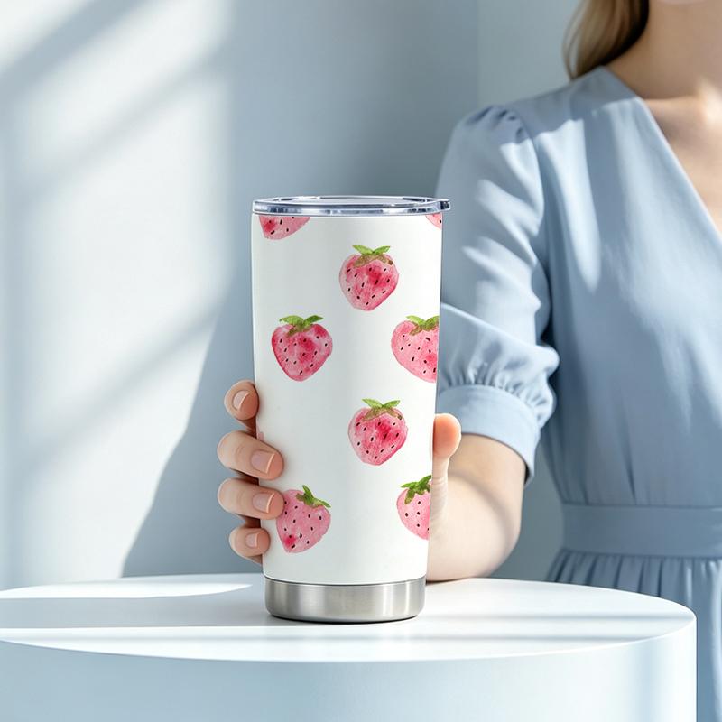 591ml Car Tumbler(1 Random Straw Included)Strawberry MotifVacuum Insulated Cup Outdoor Portable Cup Steel Straw Cup 591ml Car Tumbler