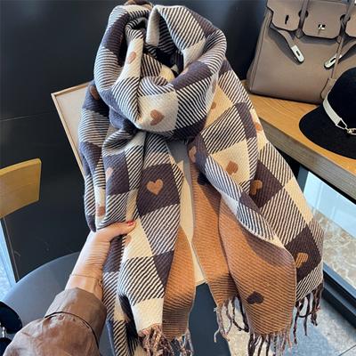 Otoño E Invierno Nuevo Bufanda de Cuadros de Amor con Bloques de Color a Doble Cara para Niñas, Chal Grande Versátil Suave y Pegajoso Cuello Cálido