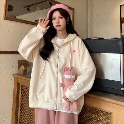 Hooded Korean Sweatshirt Women's Cardigan Autumn Thin Coat Female Zipper Apricot Hoodies Streetwear