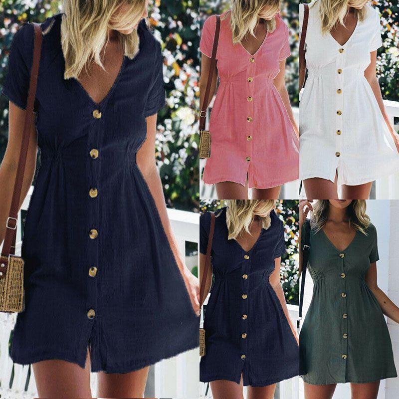 Stylish Women Button Down V Neck Mini Tea Dress In Soft Comfortable Fabric Perfect For Summer Days