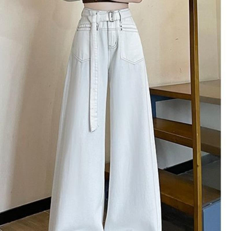 

Джинсы широкие белые весна и осень весна новый стиль большой рог высокая талия стройнящие свободные драпировка дизайн подметать пол XXL