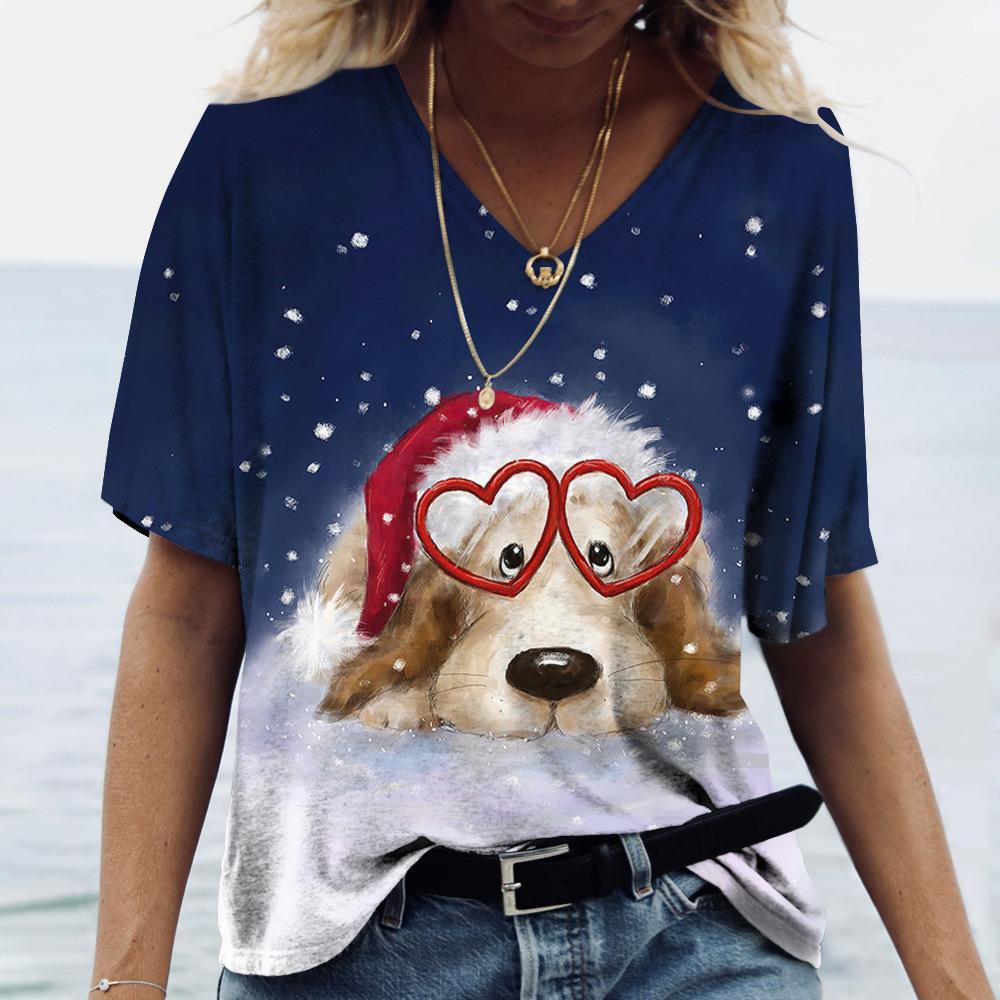 Summer V-neck 3D Dog Printed Top Fashionable Casual Short Sleeved Women's T-shirts