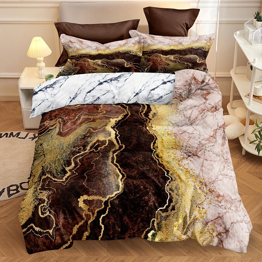 Duvet Cover Set Marble Design Breathable Polyester Zip Closure Machine Washable Includes 1 Duvet Cover And 2 Pillowcases