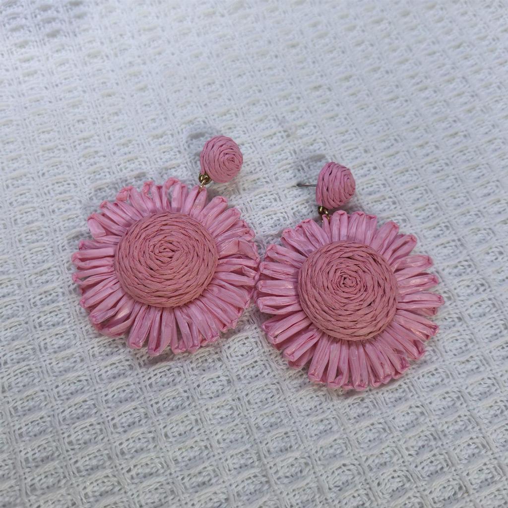 Seaside Resort Style Handmade Woven Raffia Flower Earrings