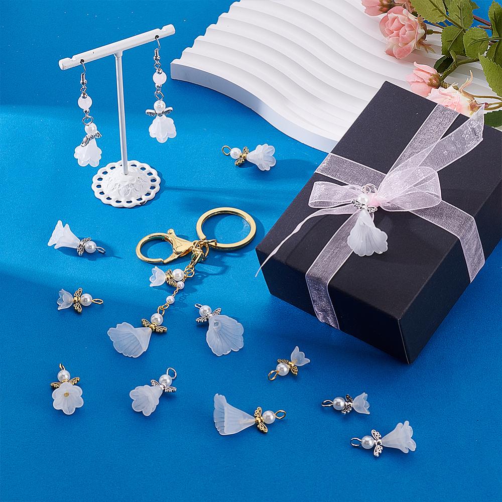 48Pcs 6 Color ABS Plastic Imitation Pearl & Alloy Pendants Angel with Iron Findings White 12~33mm 8pcs/style