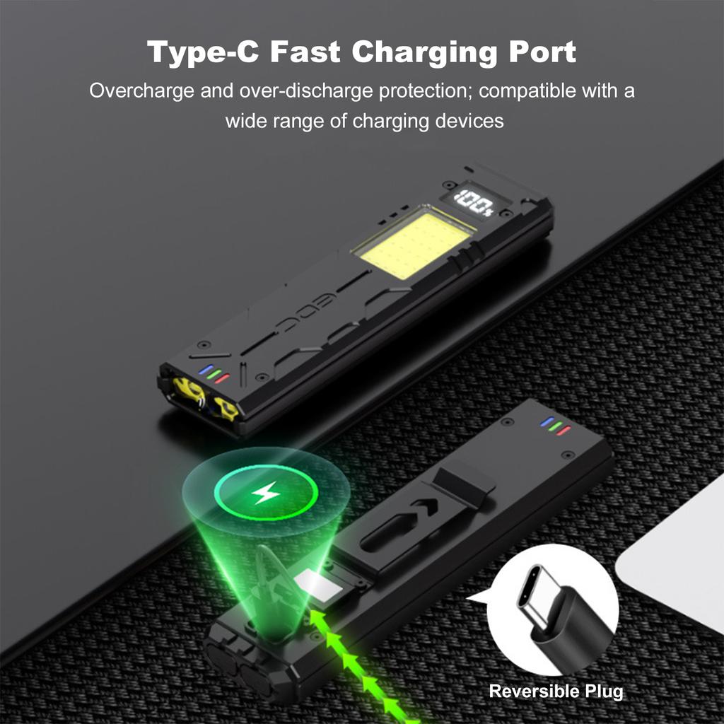 Type-C Aluminum Alloy Dual-Switches LED Flashlight with COB Floodlight Back Clip Work Flashlight for Men Dad Him Husband Gifts