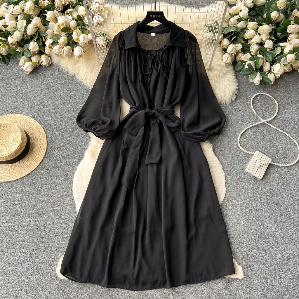 Francouzské šik Maxi šaty pro ženy Sklopný límec Lucerna Rukáv Šněrovací Dámské letní šaty Dámské Vestidos Dropship