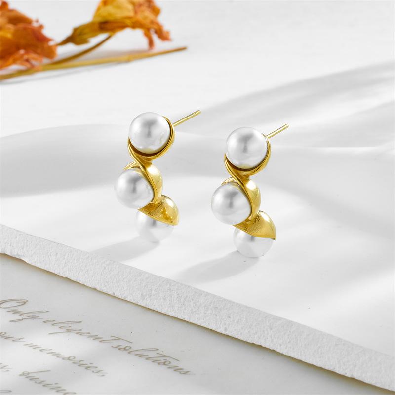 Gold Plated Stainless Steel Spiral Pearl Drop Earrings For Women