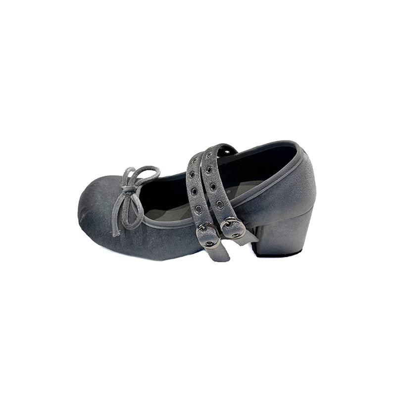 Mary Jane Single Shoes Spring New Round Head Shallow Mouth Suede Bow Rivets Line with Non-slip Thick Heel Shoes