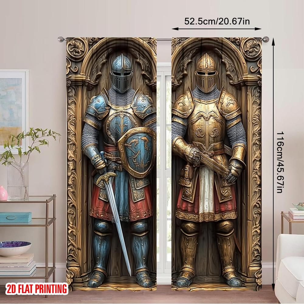 Set Of 2 Flat Printing Scene Curtains Medieval Knight Armor Print Polyester Without Electricity Party Decorations Perfect Curtain