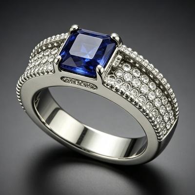 Nuovo Anello in Oro Bianco K con Pietra Blu Incastonata, Gioielli di Moda Europei per Donne Bellissime