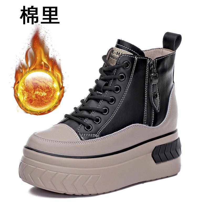 Board shoes cowhide autumn new muffin single shoes high heel thick sole inner height increase casual high top shoes short boots women's shoes