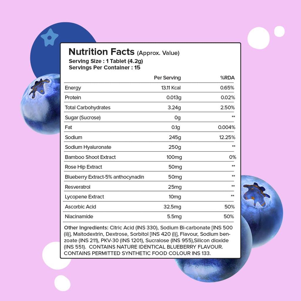 PLIX Die Pflanzenkur Hyaluronsäure Brausetabletten 15 Stück Blaubeergeschmack Für Hautfeuchtigkeit Glow Packung von 1 Pflege