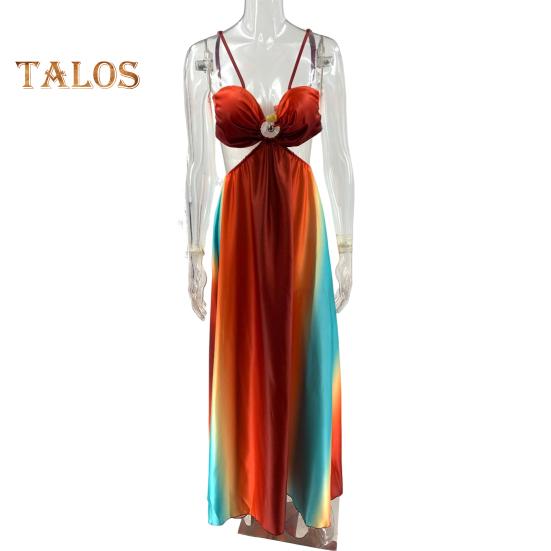 Letnia sukienka plażowa z niskim wycięciem, odkrytymi plecami, bez rękawów, ażurowa, wakacyjna sukienka slip, sukienka maxi A-line w kontrastowym kolorze