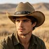 Straw Hat Men's Outdoor Sunscreen Visor, Wide-brimmed Western Cowboy Hat, Retro Casual Face Straw Hat