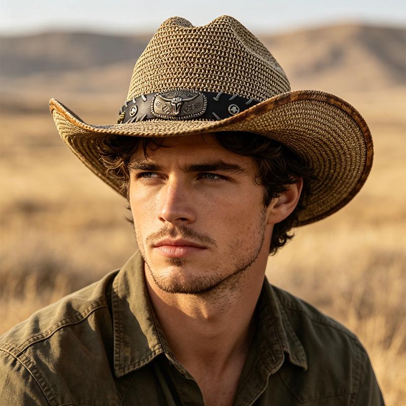 Straw Hat Men's Outdoor Sunscreen Visor, Wide-brimmed Western Cowboy Hat, Retro Casual Face Straw Hat