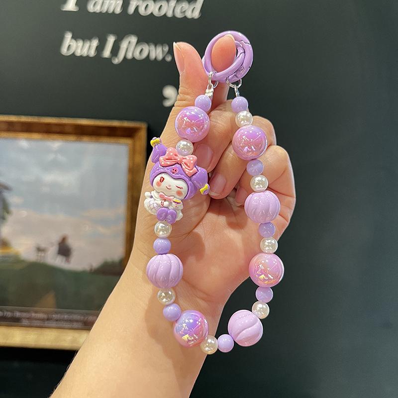 Sanrio Kuromi Beads Phone Chain Cinnamoroll Melody Keychain Sweet Girl Wrist Strap Bracelet Earphone Case Charm Bag Decor