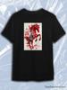 TeeSensation Black Crew Neck Short Sleeve T-Shirt with Red Japanese Horse Silver Ornate Print