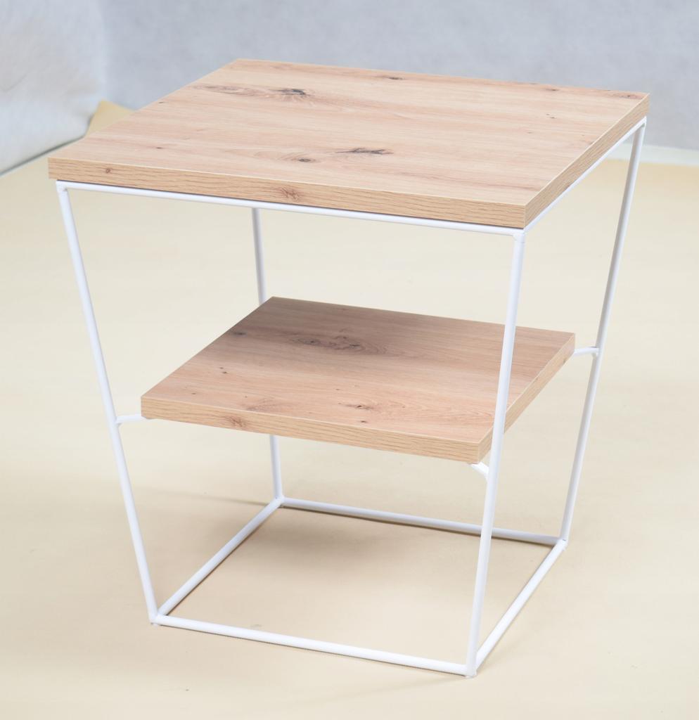 Stolik Druciany V Z Półką Biały Mat Dąb Artisan