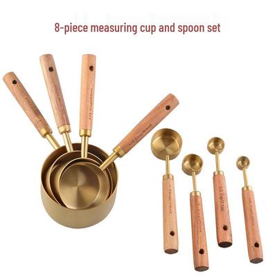 Acacia Wood & Titanium Gold 8-Piece Stainless Steel Measuring Cups and Spoons Set