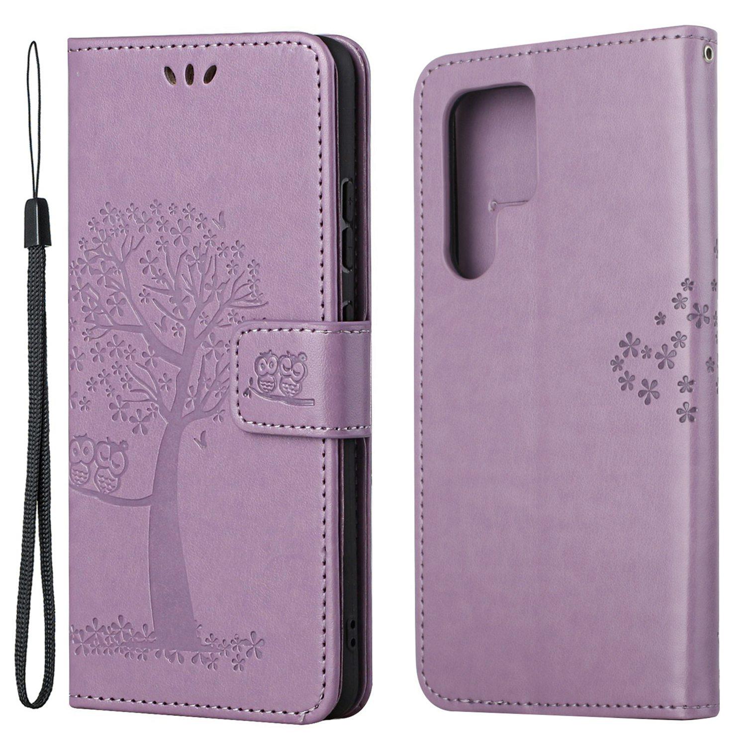

For Samsung Galaxy S24 Ultra Case Owl Tree Imprinted PU Leather Phone Wallet Cover Purple