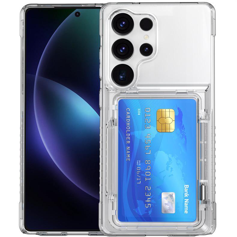 Samsung Galaxy S25 Ultra Transparent Flip Phone Case with Card Holder and Drop-proof Protection.
