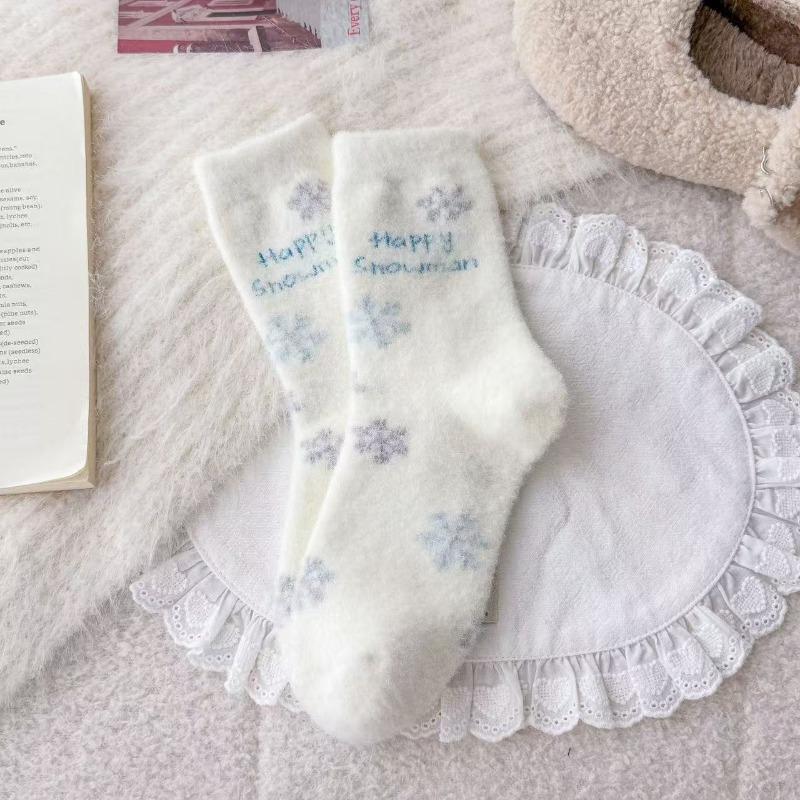 Australische Wollsocken für Damenwinter, Verdickte und warme Wadenlange Socken, Niedliche Cartoon-Schneemann-Schlafsocken, Hausbodensocken