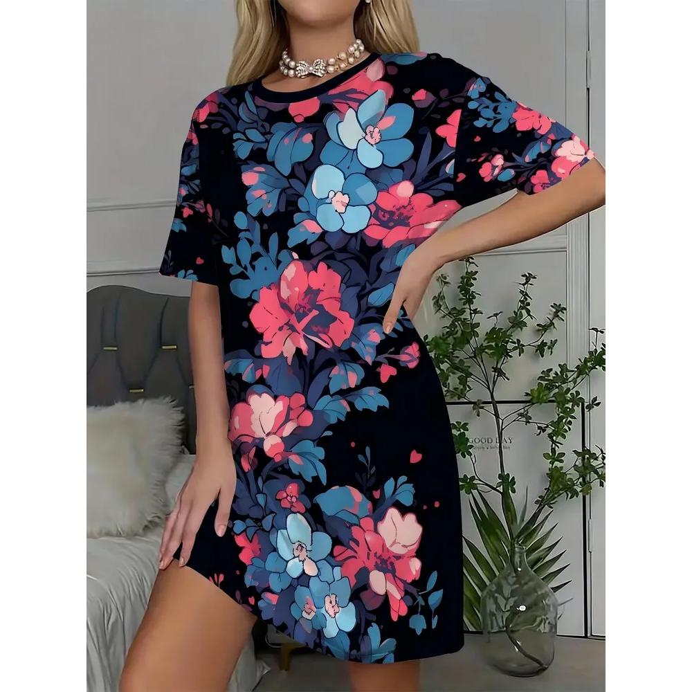 Casual Versatile T-shirt Dress Comfortable Loose Crew Neck Casual Dresses