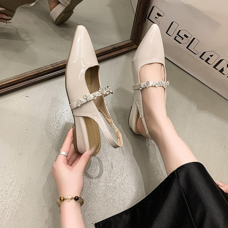 Baotou Half-drag Flats with Rhinestone Sandals for Women In Summer 2025, New Fairy Wind Pointed Sandals for Women Outside
