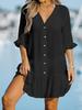 YC8215 Women V Neck Ruffle Hem Shirt Dress 5/4 Sleeve Button Down Beach Cover Up Solid Color Sun Protection Casual Tunic Dress