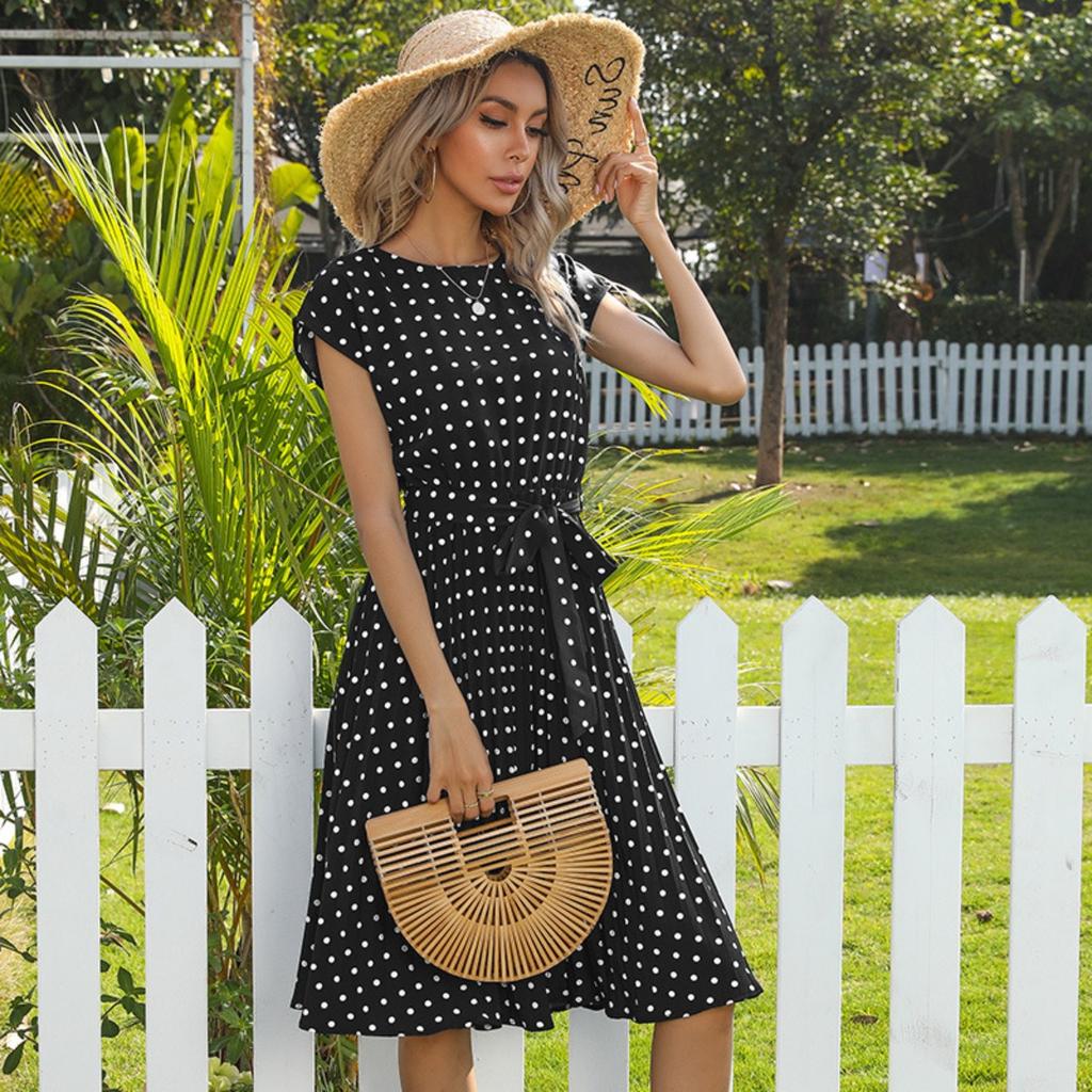 Summer Retro Elegant Polka Dot Ruched Short Sleeve Dress for Women, European American Style, Hot Selling Casual Dress