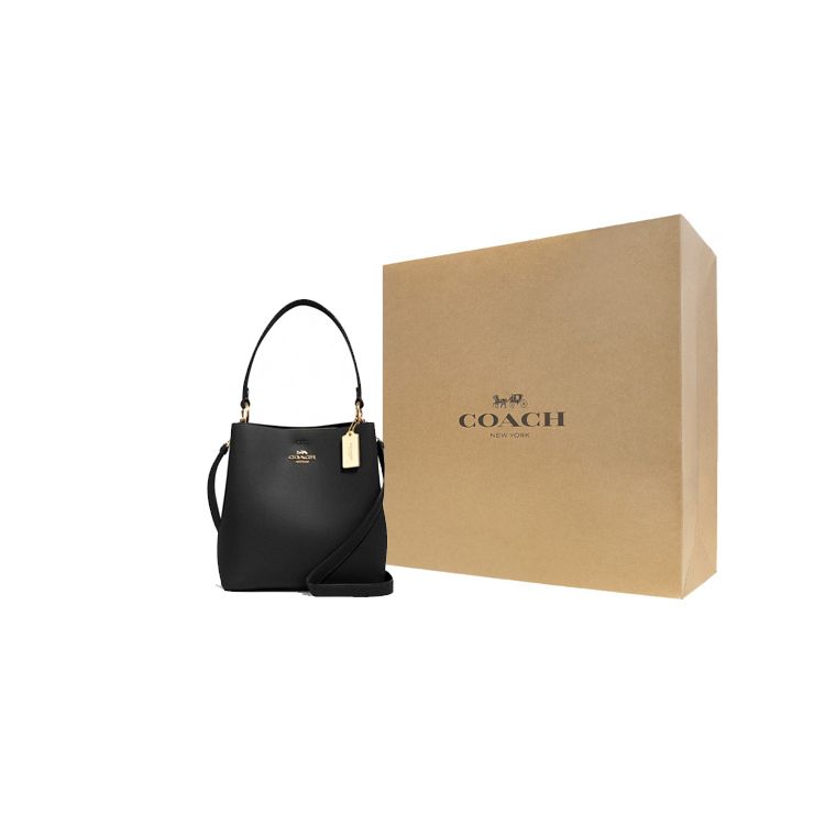 Coach Town 26 Gold Logo Detachable Shoulder Strap Solid Pebbled Leather Bucket Bag Crossbody Shoulder Bag Medium Women bags Black 91122-IMLON