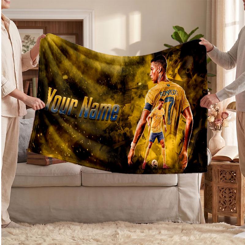 Cristiano Ronaldo Personalized Fleece Blanket With Football Logo, Custom Name Text Soft Warm Home Throw Blanket