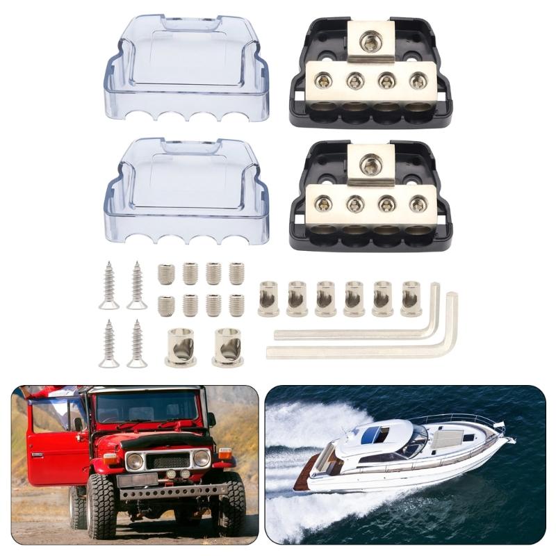 Automotive Sound Wiring Junction Box Power Distribution Unit with One 0GA Input and Four 4GA Outputs Including Adapters