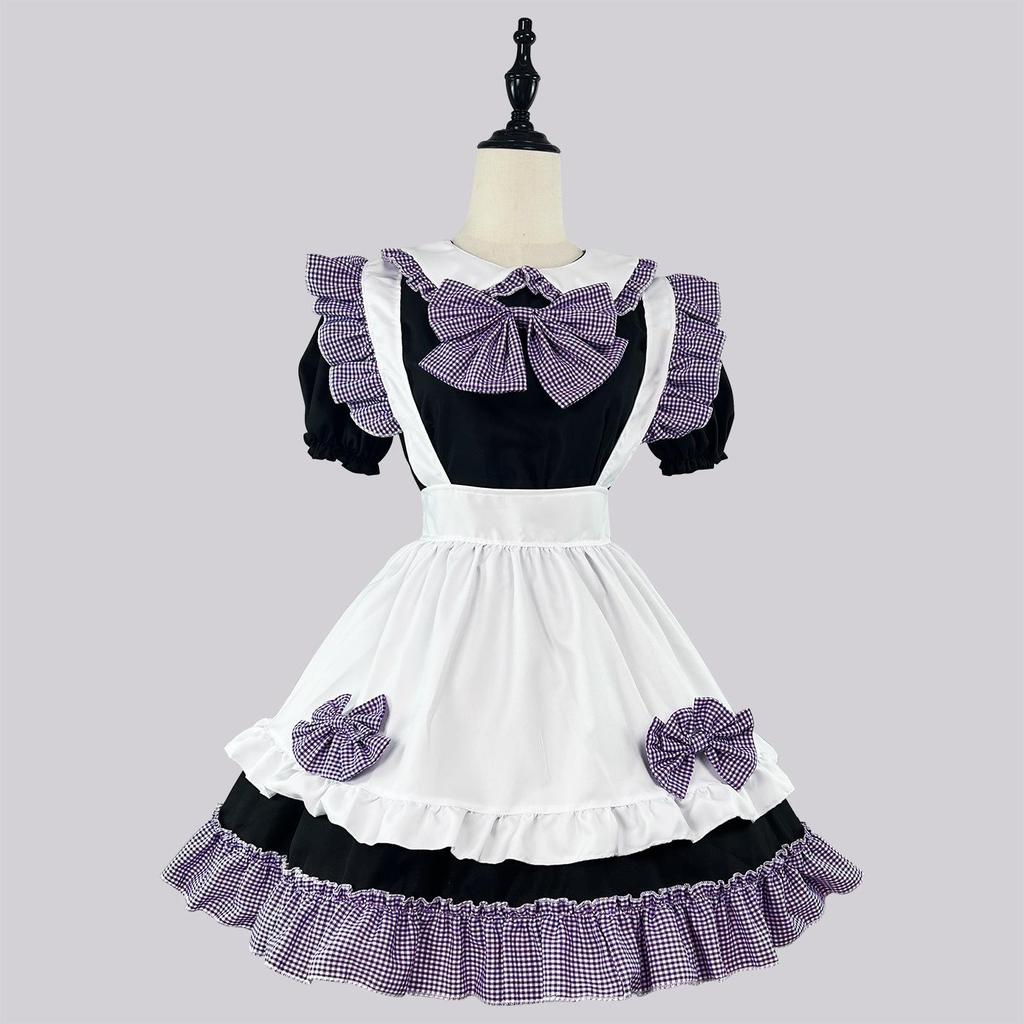 Cosplay Anime 4-Piece Maid Outfit - Cute Black & White Checkered Princess Dress with Bow