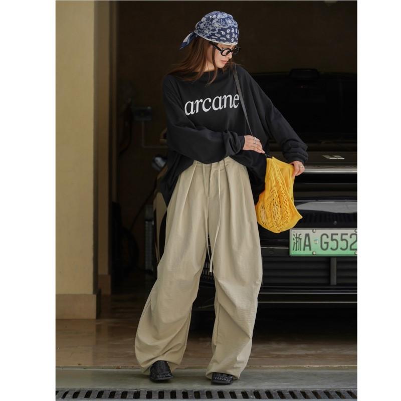 Johnature Autumn American Casual Shirring Casual Harem Women Pants Loose Simple Workwear Versatile Trousers