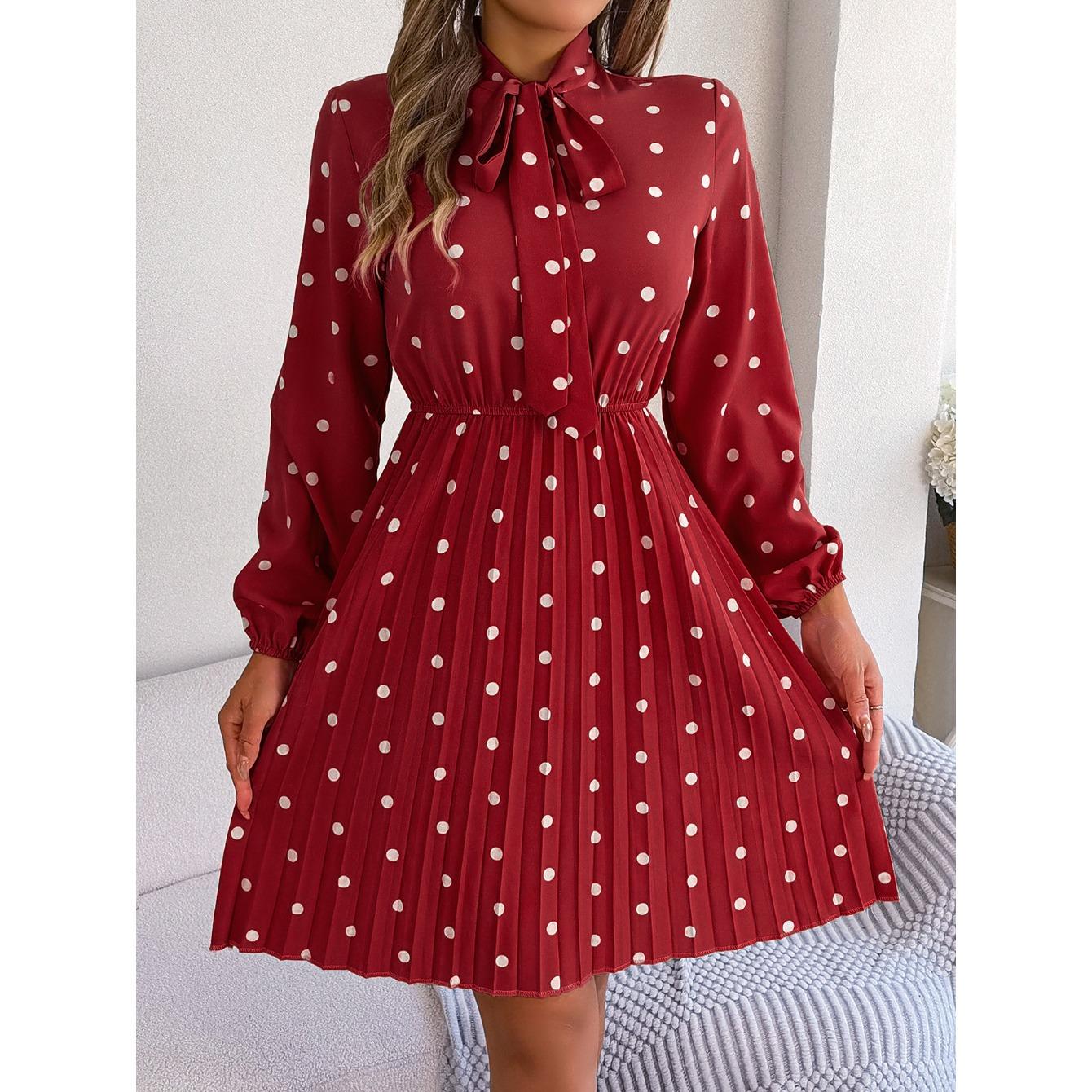 

HNXC Autumn and Winter Stylish Polka Dot Tie Waist-cinching Long-sleeved Pleated Skirt Women s Wear S красный