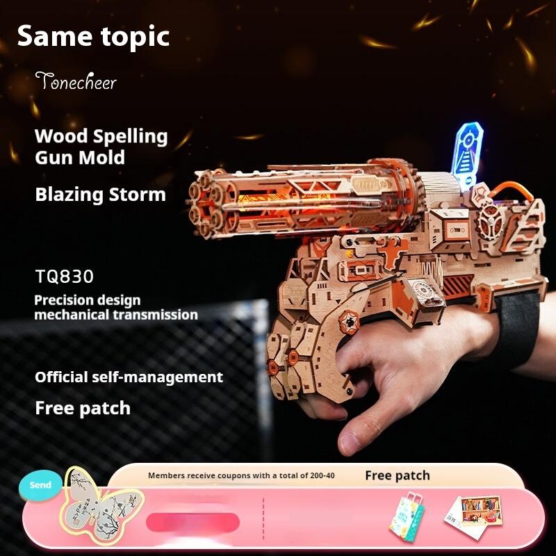 Handmade Diy Wooden Assembly Model Flame Storm Gatling Toy Rotatable Rubber Band Gun Children'S Assembly Toy Model