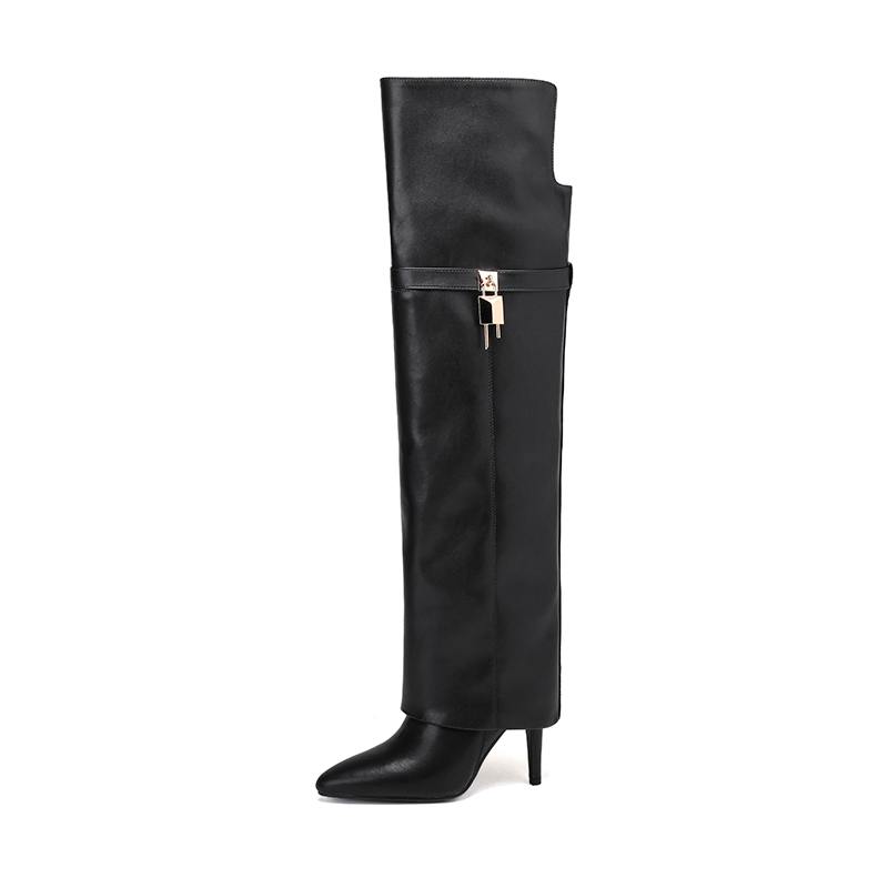 Krazing Pot Cow Split Skin Microfiber Pointed Toe Thin High Heels Size 46 Size 45 Slip On Plus Size Women Keep Warm Over-the-knee Boots