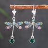 Elegant Personalized Carved Dragonfly Earrings Seven colored gems Hook Drop Earrings Wedding Engagement Earrings for women
