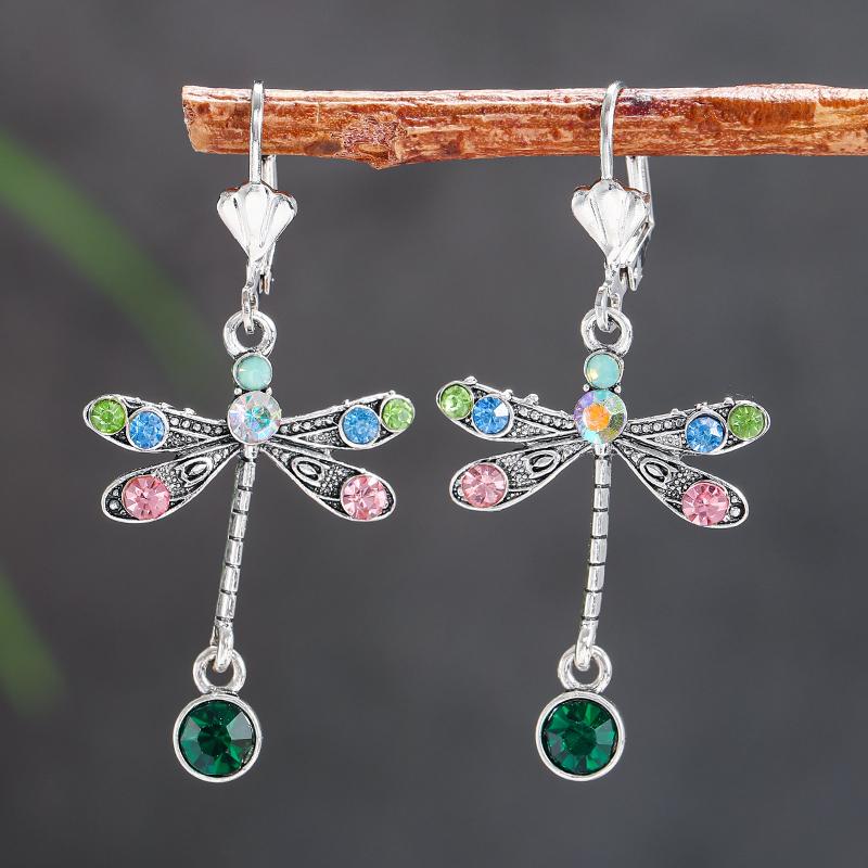 Elegant Personalized Carved Dragonfly Earrings Seven colored gems Hook Drop Earrings Wedding Engagement Earrings for women