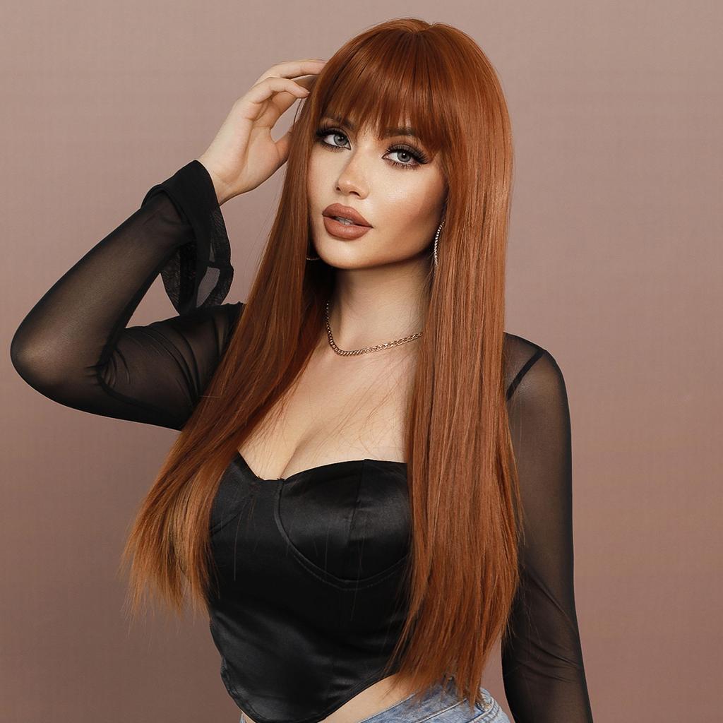 Women's Simulation Wig 70cm Hair Caramel Wig Long Straight Wig Full Headgear Rose Hair Net Headdress Beauty Decoration Wig