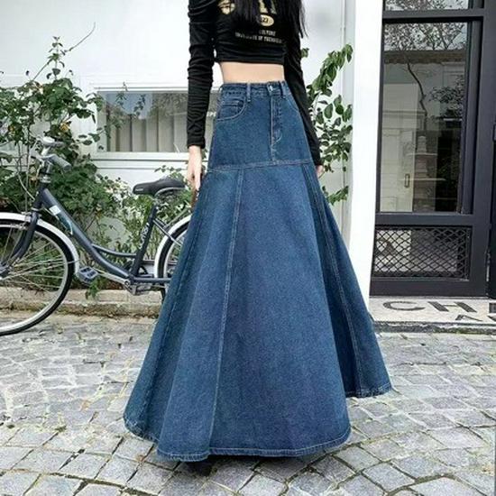 Retro Dark Blue High Waist A-line Denim Midi Skirt for Women L синий