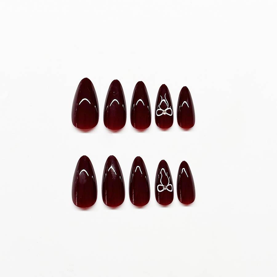 Elegant Wine Red Almond Nails with Bowknot - Removable, Wearable European & American Style