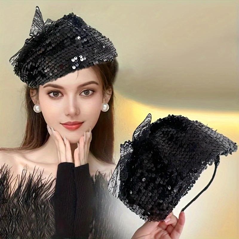 Spring Summer Vintage Glitter Sequin  Wide Brimmed Women's Half Hat Breathable Cover Hair Half Hat Hoop Headband French Fashion