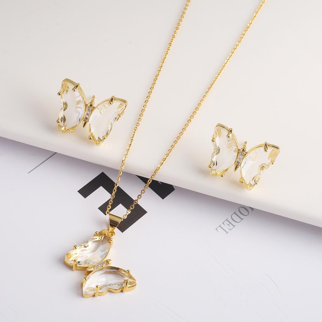 2PC Crystal Transparent Butterfly Pendant Necklace Earrings Jewelry Set Women's Luxury Gold Plated High Quality Gift